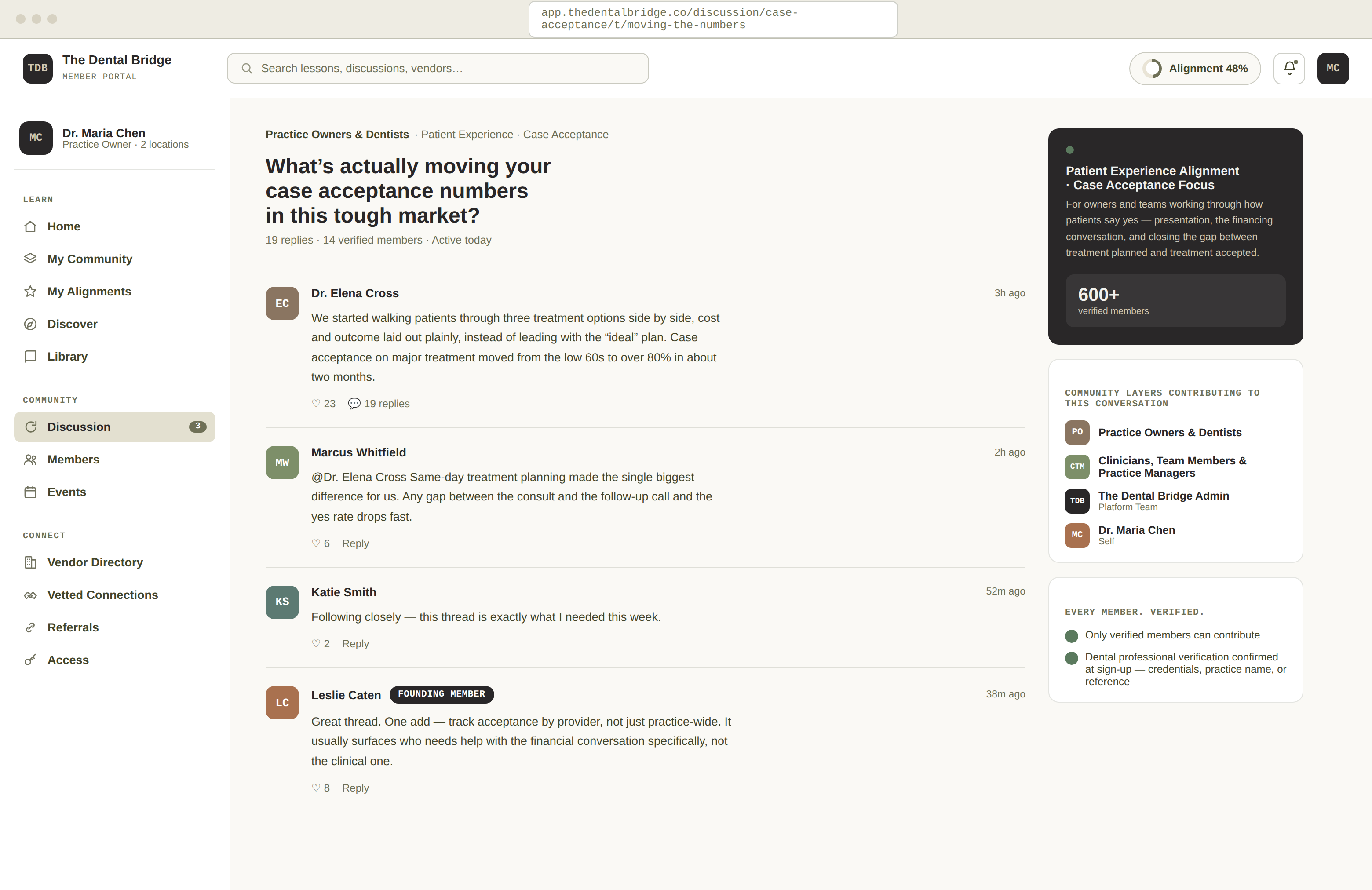 A discussion thread inside The Dental Bridge with replies from verified members about case acceptance