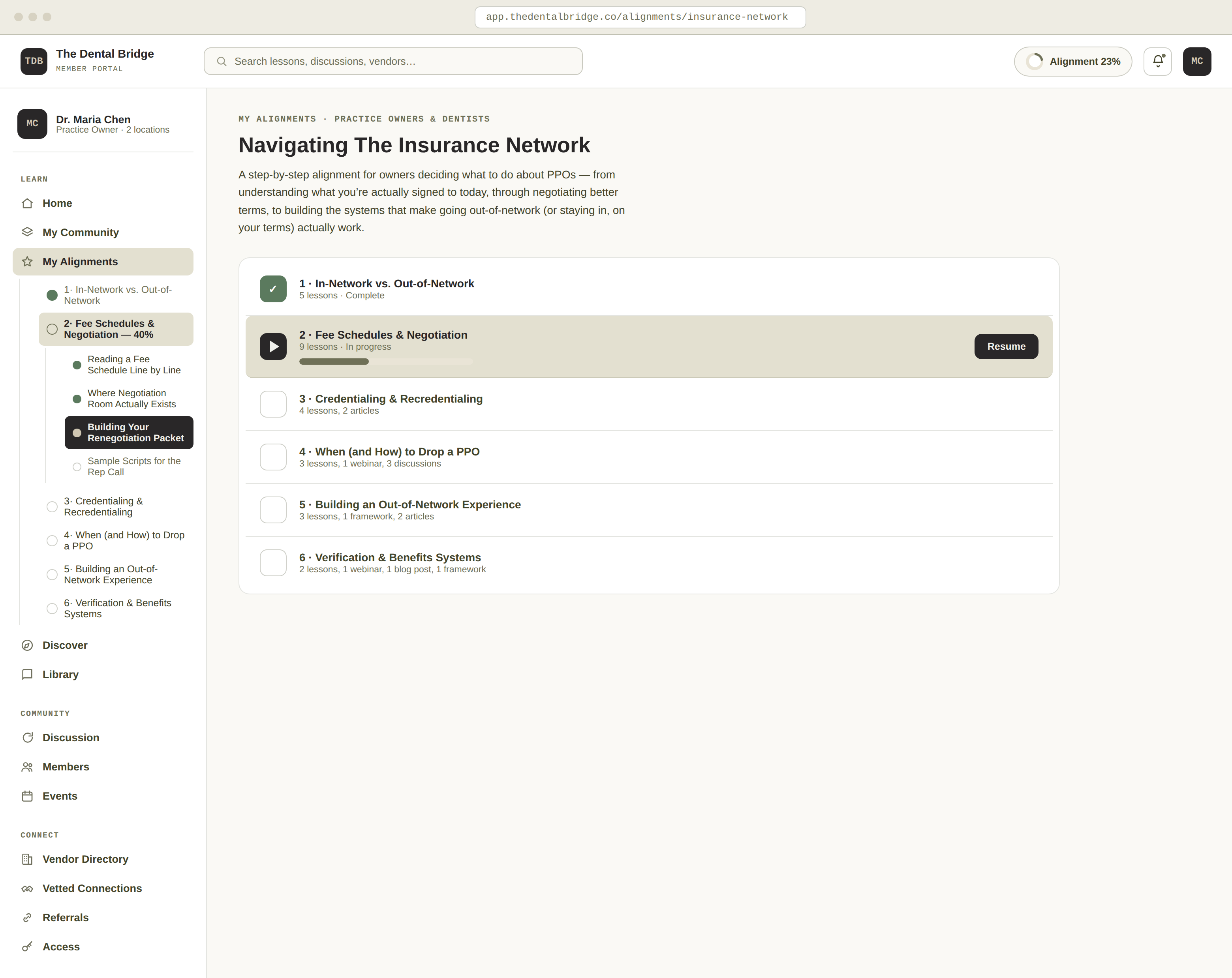 The Dental Bridge sidebar navigation, showing My Community, My Alignments expanded into an alignment's focus areas, Discussion, Events, and the Vendor Directory