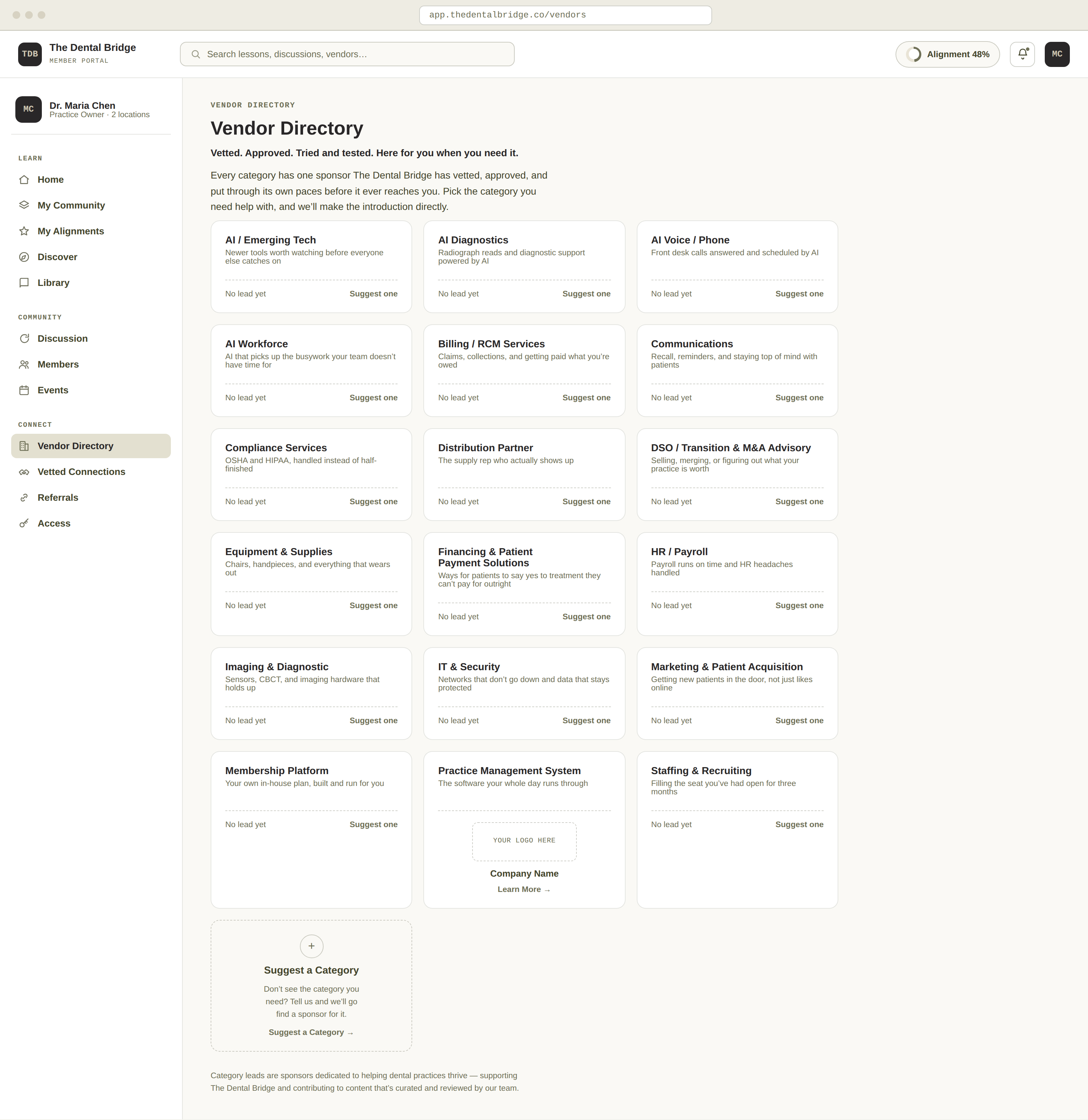 The Dental Bridge vendor directory, showing categories like Practice Management System, Billing, Marketing, and AI tools